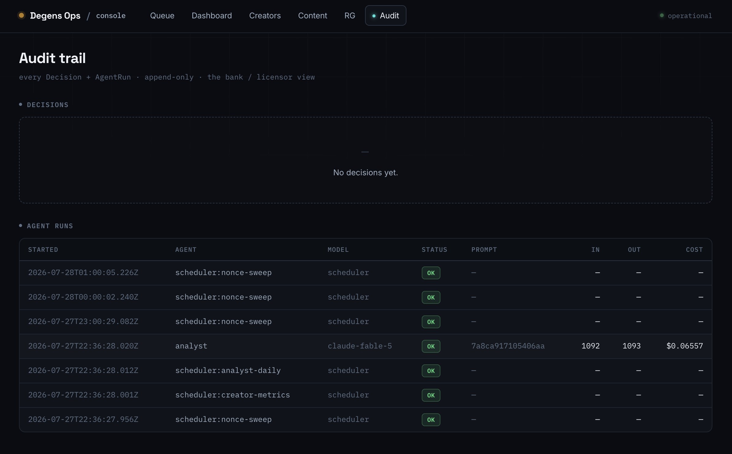 Degens operations console — audit trail showing live agent runs, models, token counts, and costs